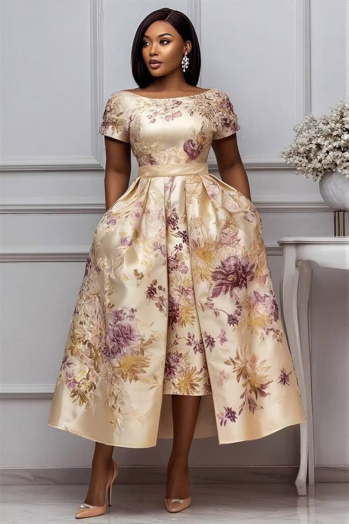 Plus Size Wedding Guest Elegant Champagne Floral Short Sleeve Pocket Satin Midi Dress