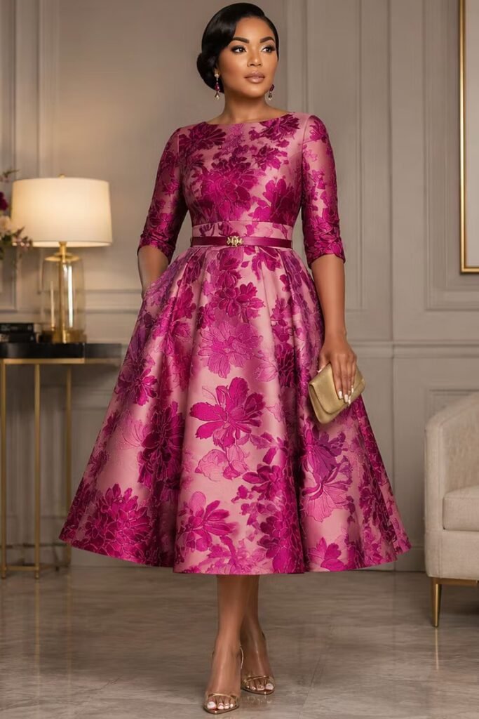Plus Size Wedding Guest Hot Pink Floral Round Neck Half Sleeve Pocket Satin Midi Dress