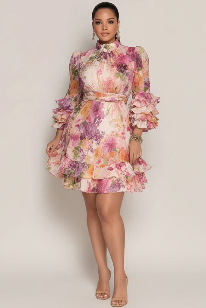 Plus Size Wedding Guest Pink Floral Mock Neck 3:4 Sleeve Ruffle Chiffon Mini Dress