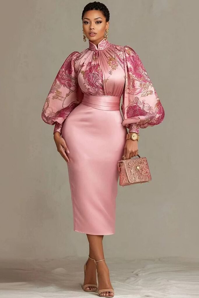 Plus Size Wedding Guest Pink Floral Stand-Up Collar Lantern Sleeve Long Sleeve Bodycon Satin Midi Dress