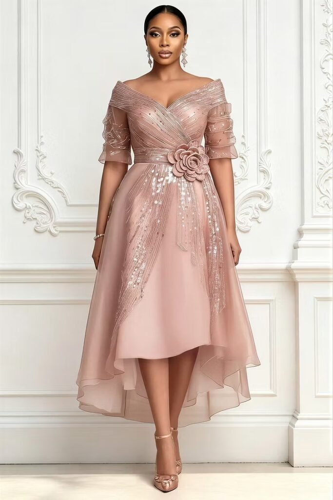 Plus Size Wedding Guest Pink Wrap Neck Half Sleeve Asymmetric Hem Midi Dress