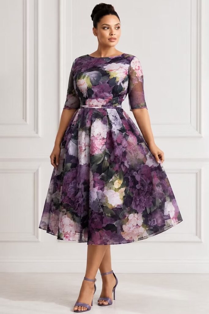 Plus Size Wedding Guest Purple Floral Round Neck Short Sleeve Chiffon Midi Dress