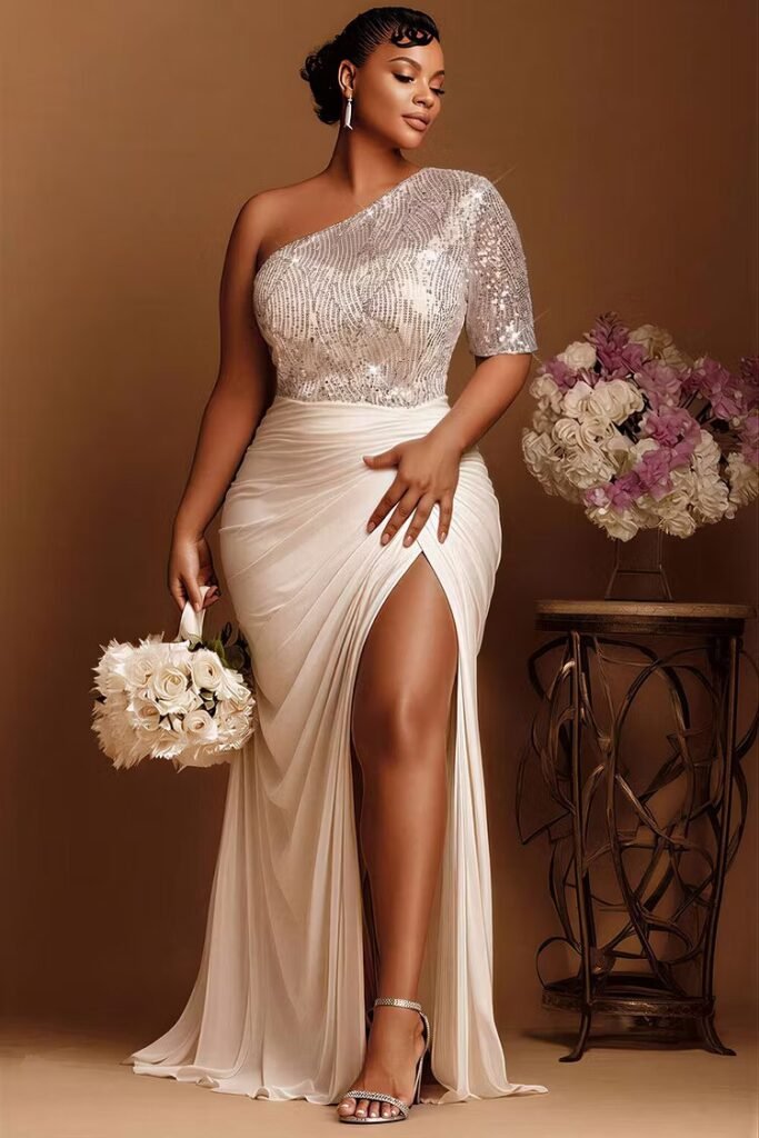 Plus Size Wedding Ivory One Shoulder Split Drilling Satin Maxi Dress