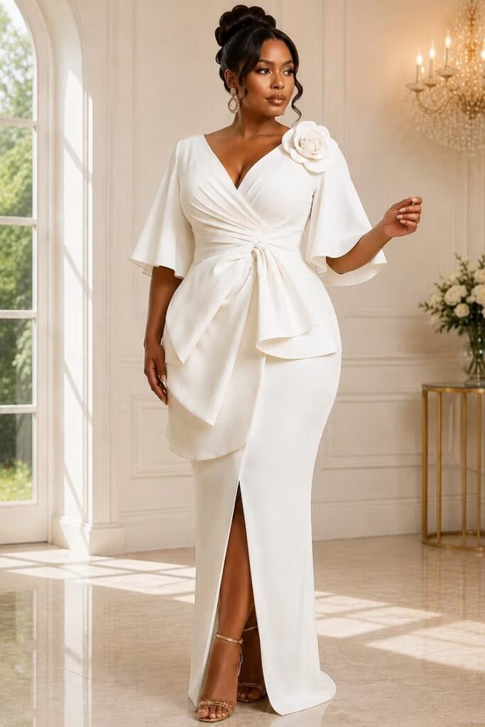 Plus Size Wedding White Wrap Neck Flare Short Sleeve Split 3D Maxi Dress