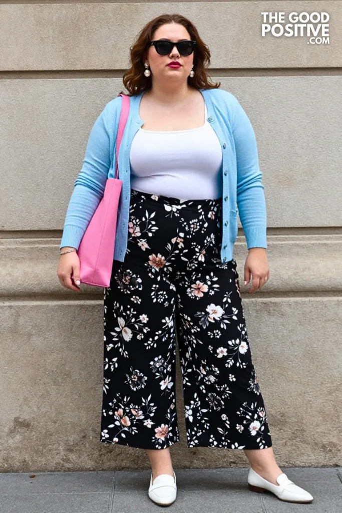 Powder Blue Cardigan With Floral Trousers Outfit
