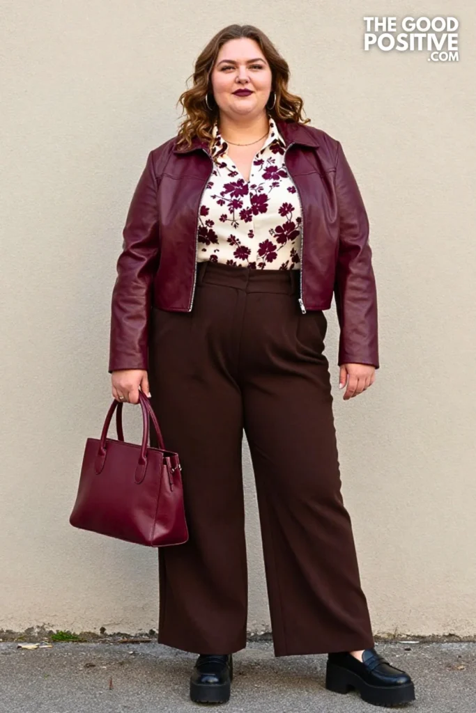 Printed Blouse, Chocolate Trousers & Cropped Leather Jacket