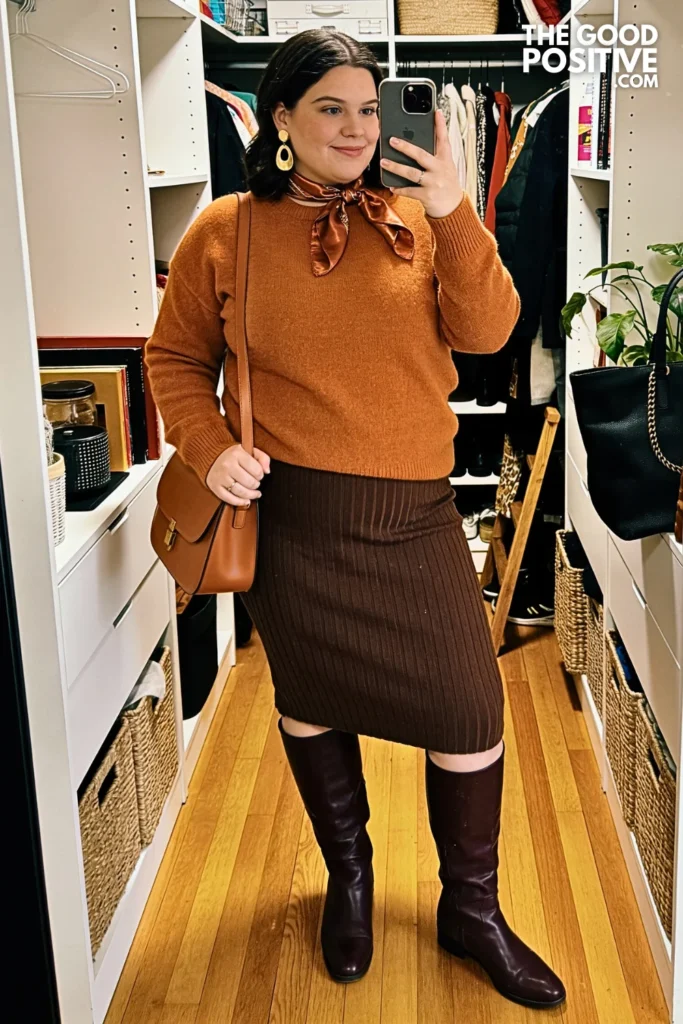 Pumpkin Cashmere Crewneck With Chocolate Knit Column Skirt