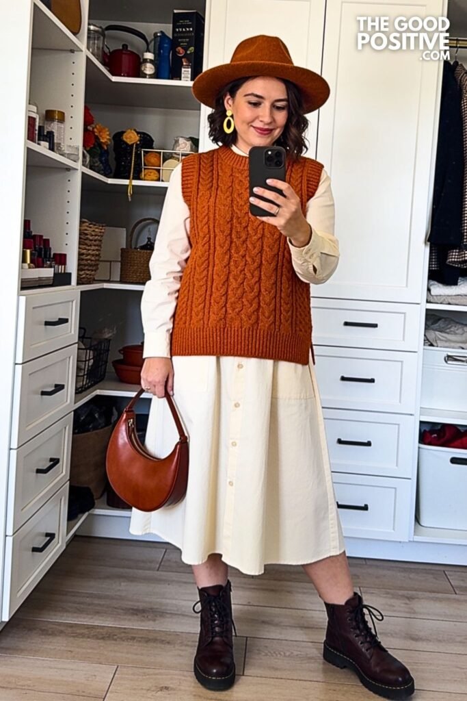 Pumpkin Sweater Vest with Ivory Poplin Midi Dress