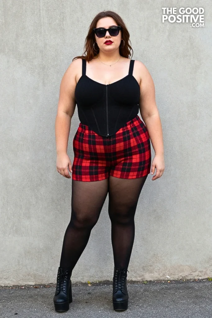 Punk Plaid Shorts, Corset-Style Top, and Boots
