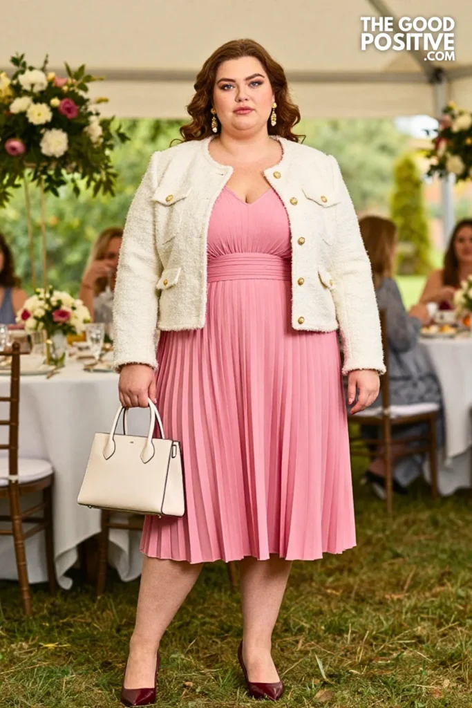 Raspberry Bouclé Jacket With Pleated Dress