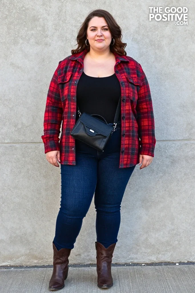 Red Plaid Jacket, Indigo Denim & Western Boots