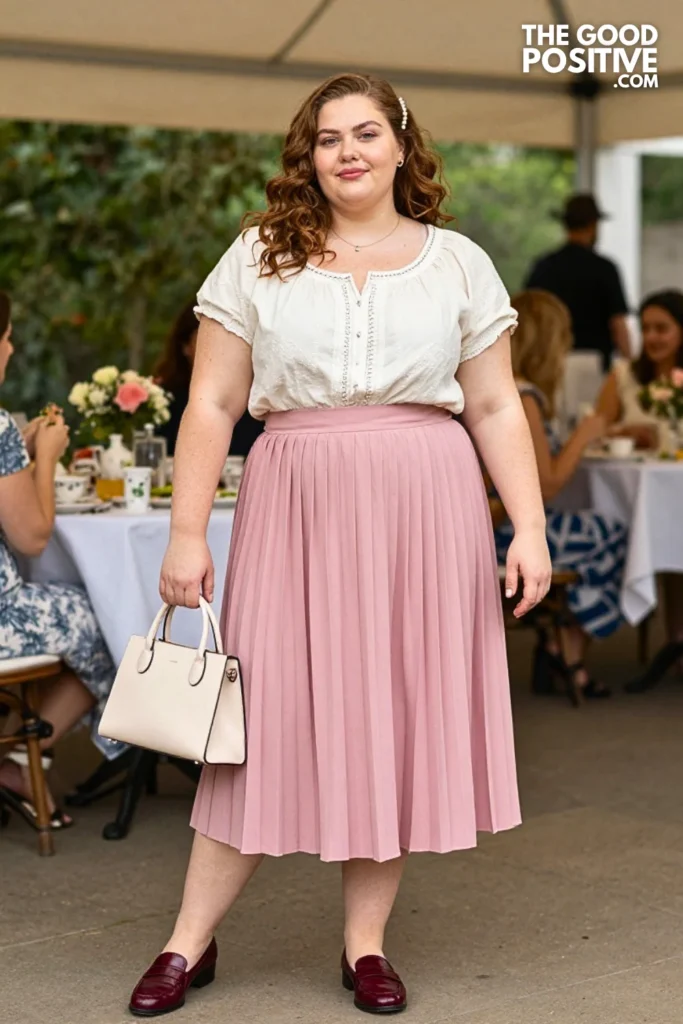 Rose Pink Pleated Skirt With Embroidered Blouse