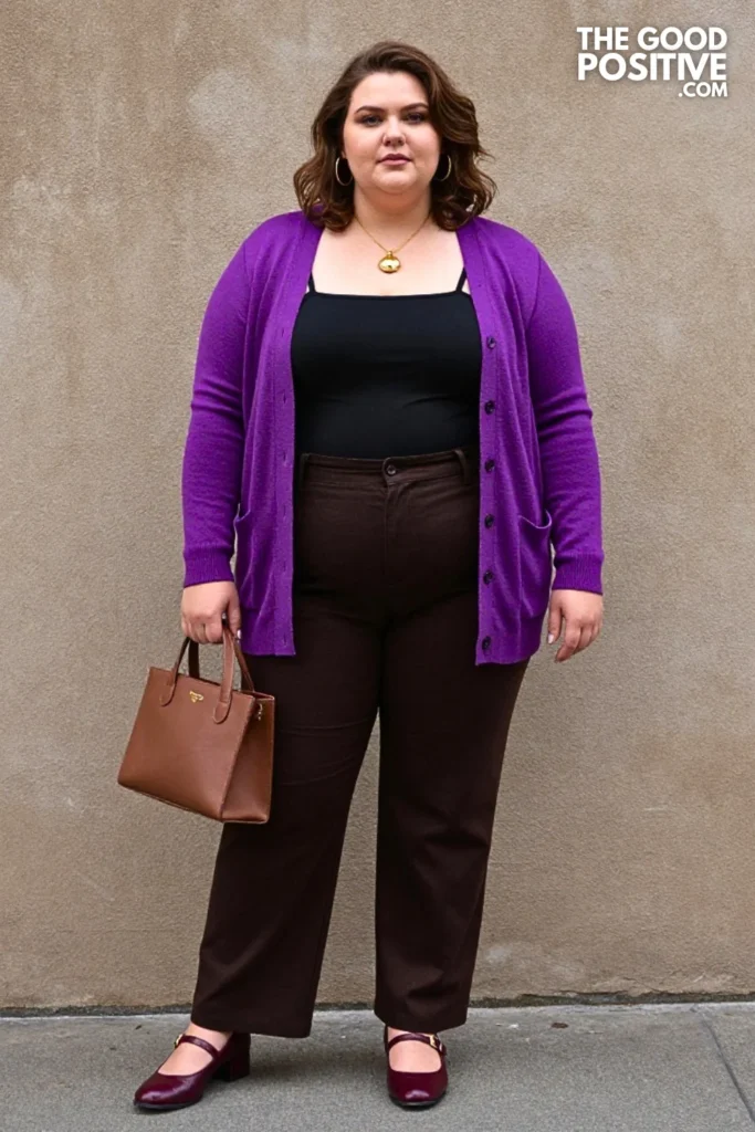Royal-Purple Cardigan And Chocolate Straight-Leg Trousers