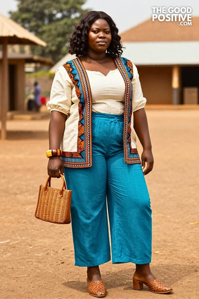 Rust Ankara Vest With Indigo Palazzo Trousers