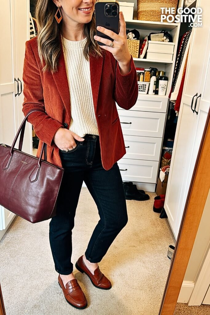 Rust Corduroy Blazer with Dark Wash Straight Jeans