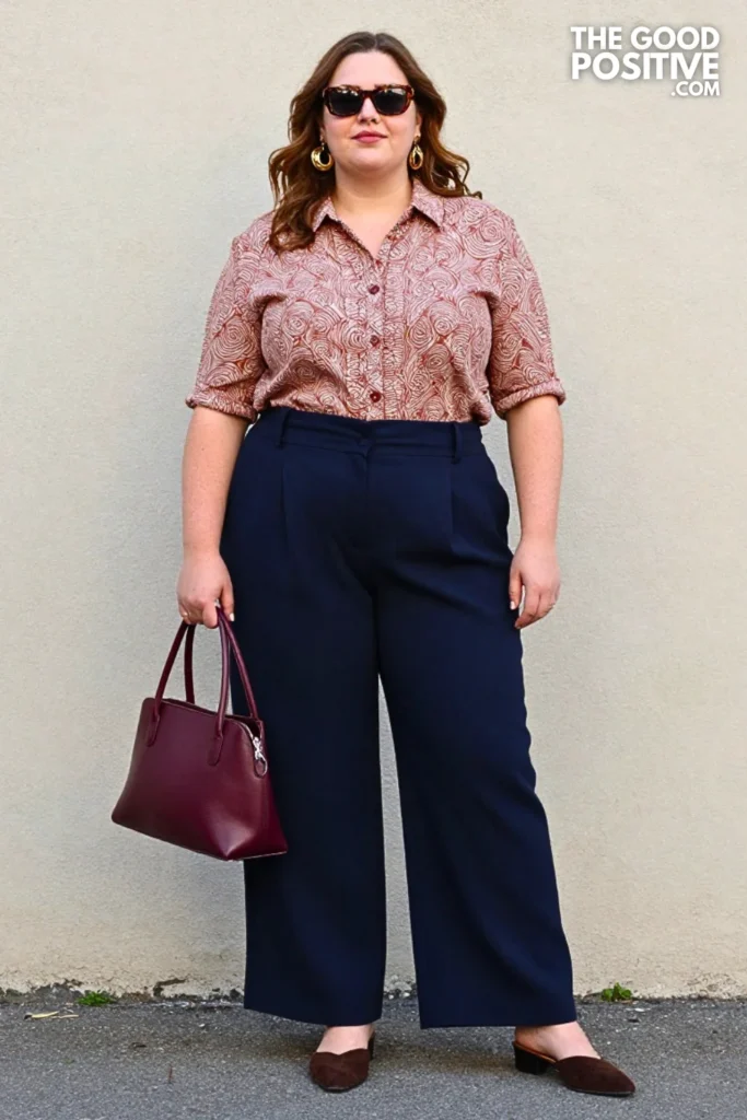 Rust Jacquard Blouse, Navy Trousers & Suede Mules