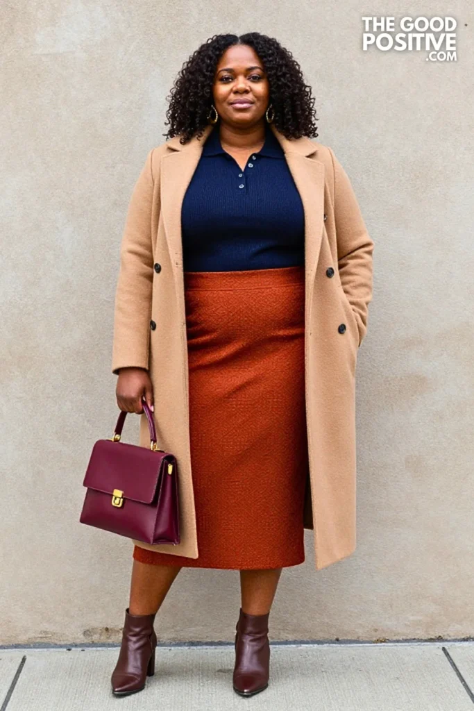 Rust Jacquard Midi Skirt, Navy Polo, And Camel Coat