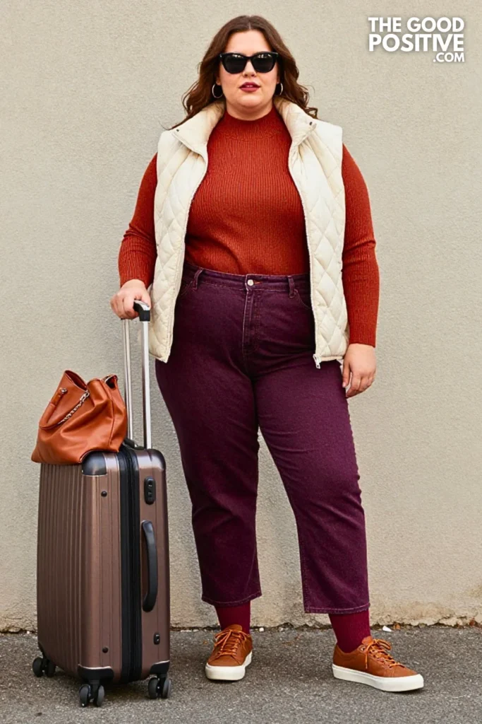 Rust Knit, Dark Jeans, and Quilted Vest