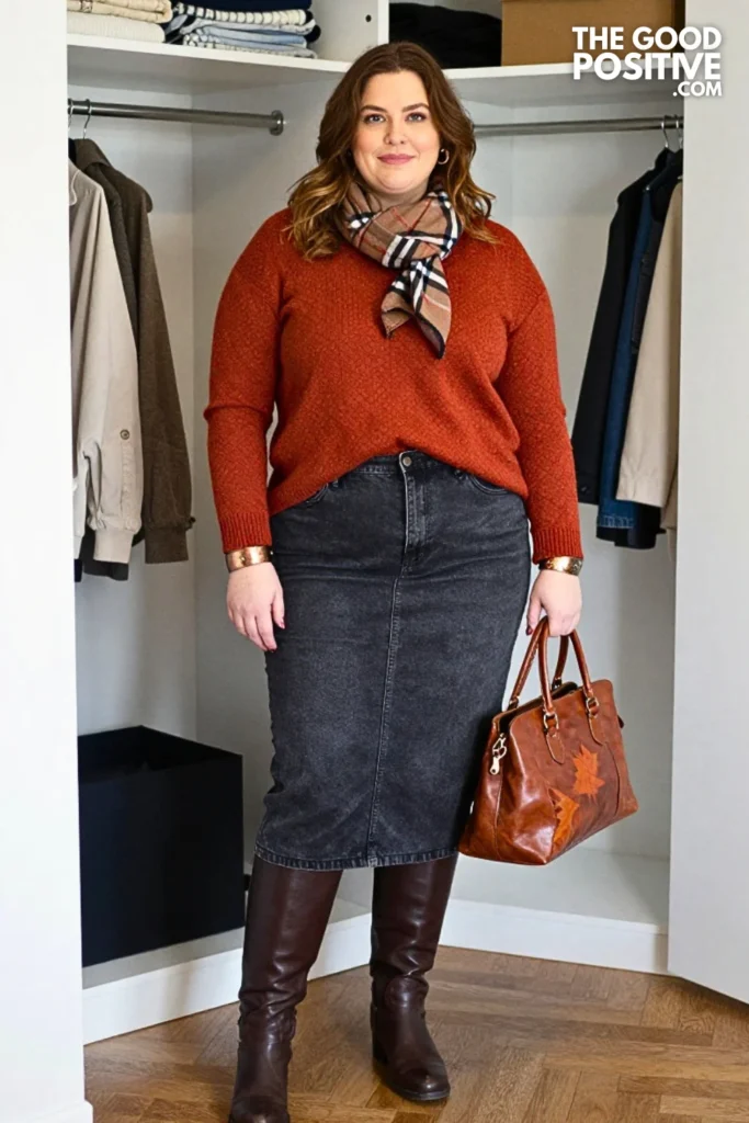 Rust Merino Sweater With Charcoal A-Line Denim Midi Skirt