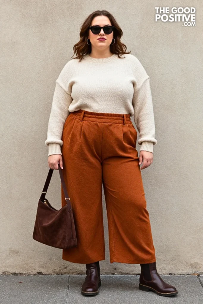 Rust Pleated Trousers, Cream Sweater, and Denim Overshirt