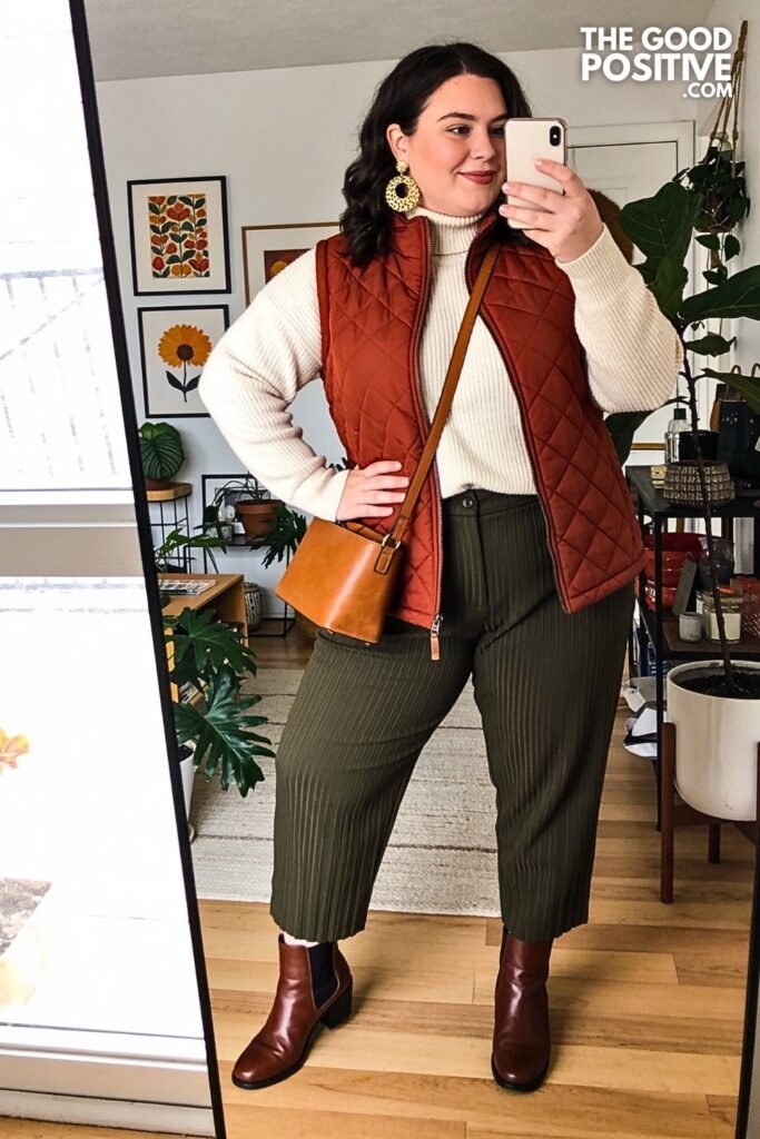 Rust Quilted Vest with Deep Moss Pleated Trousers