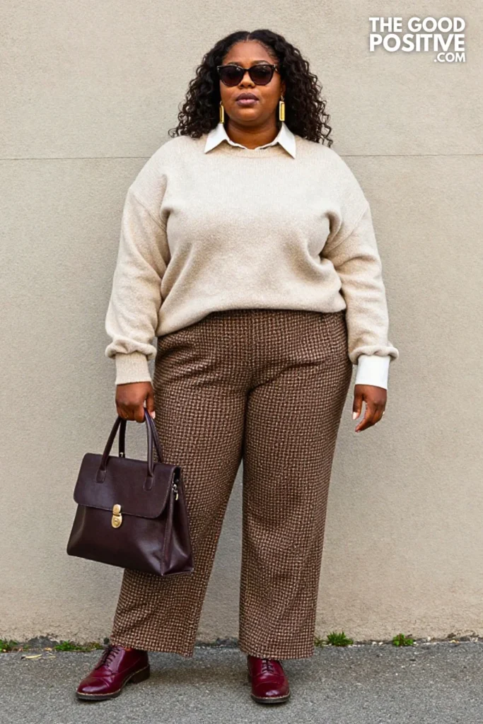 Rust Sweater, Houndstooth Trousers, And Oxblood Oxfords