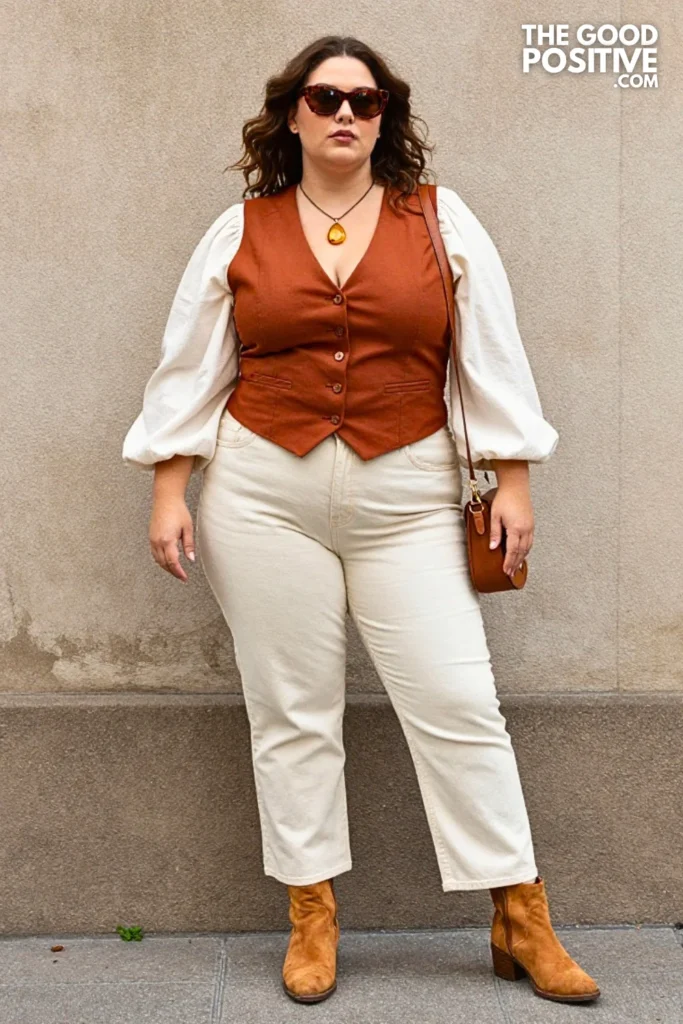 Rust Vest With Cream Denim Outfit