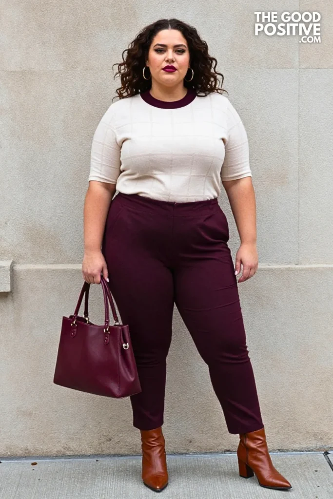 Rust Windowpane Tunic, Plum Mock-Neck, And Espresso Trousers