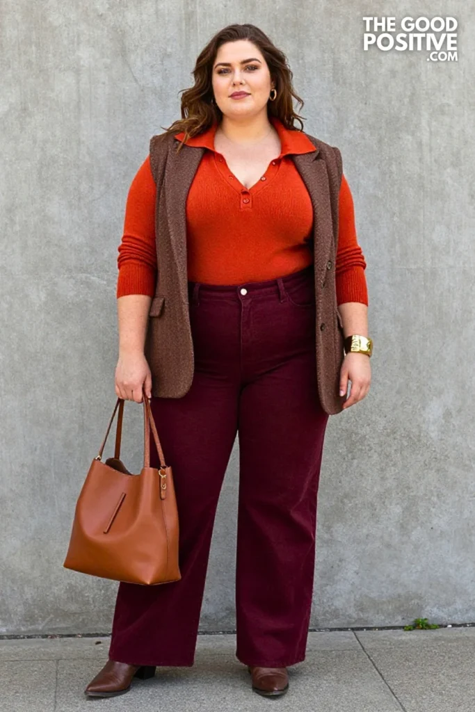 Saffron Polo, Chocolate Herringbone Blazer, And Burgundy Jeans