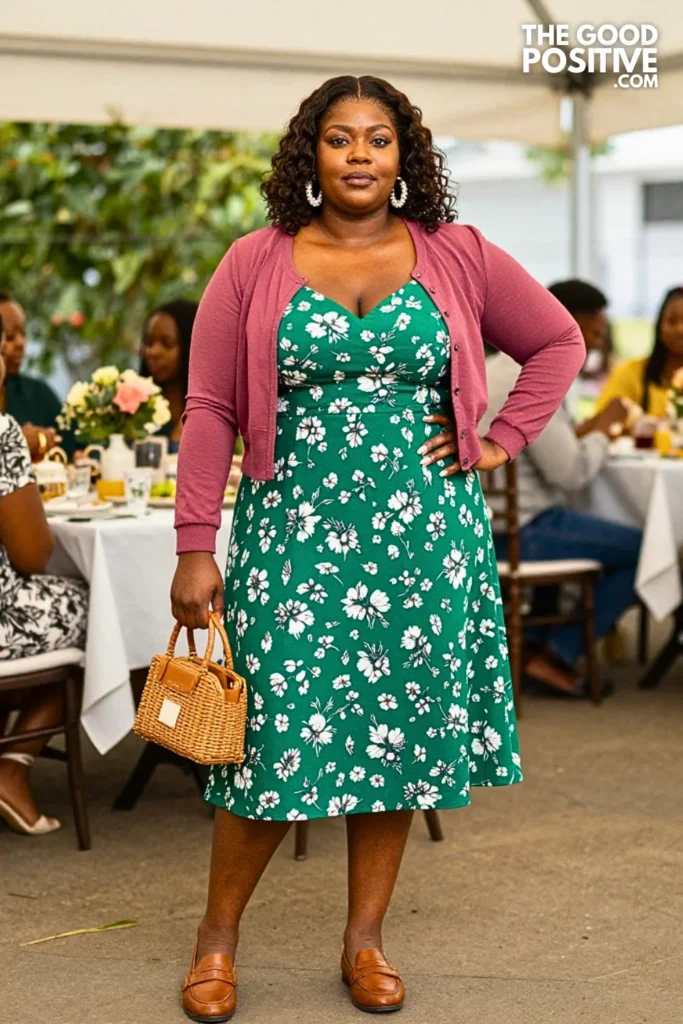 Sage Floral Midi Dress With Cropped Cardigan