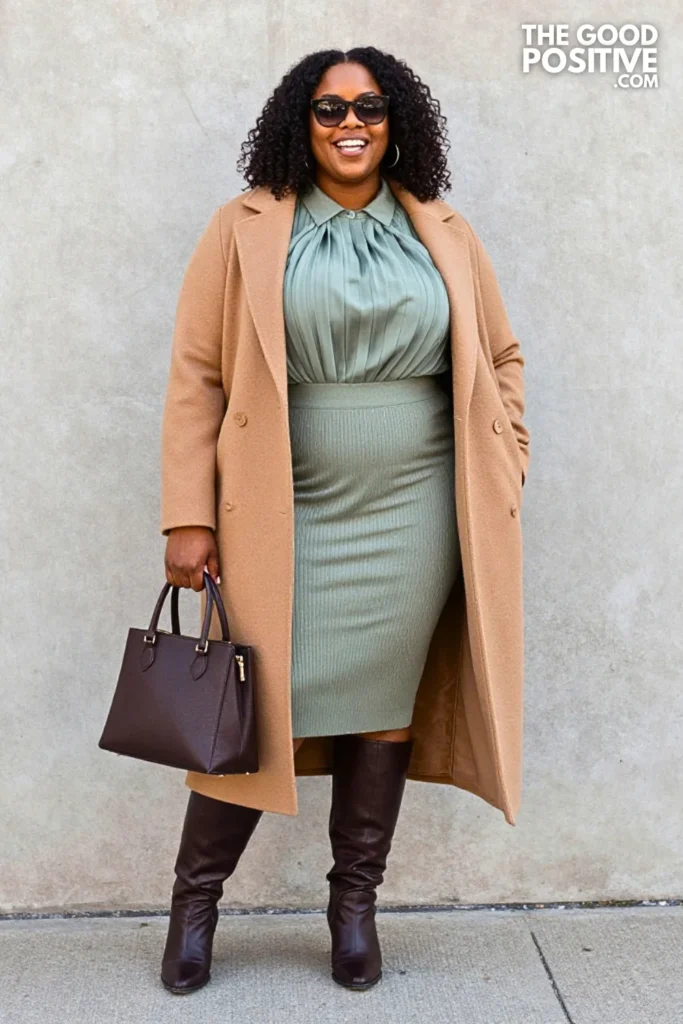 Sage Ribbed Skirt, Berry Blouse, and Camel Long Coat