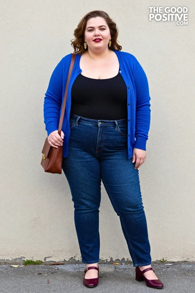 Sapphire Cardigan, Ink Jeans & Burgundy Mary Janes