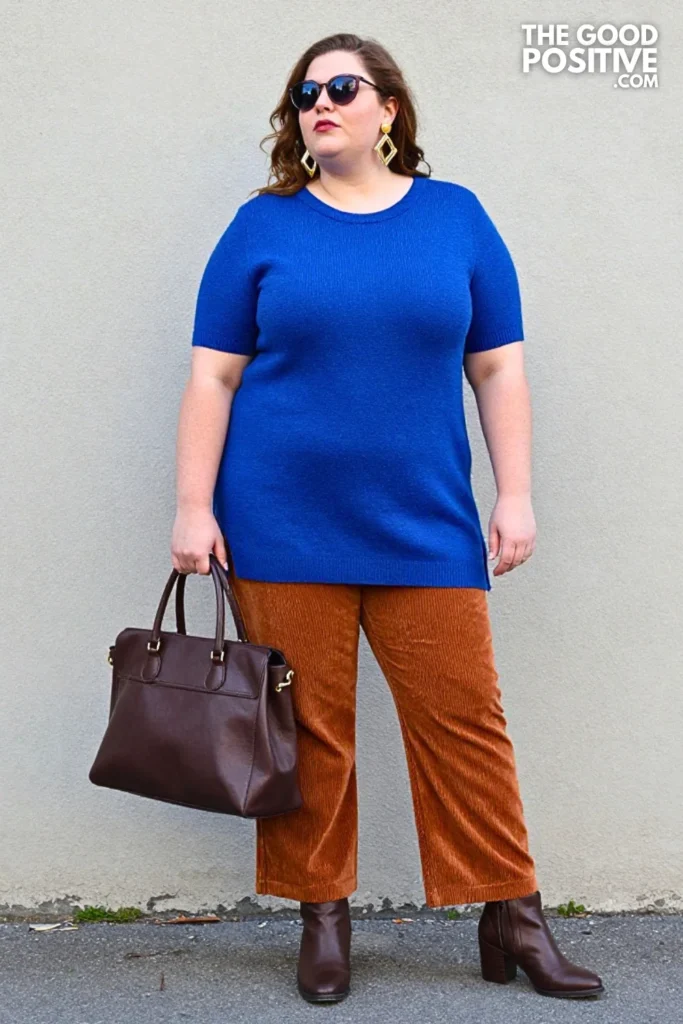 Sapphire Knit Tunic, Copper Corduroy Pants, and Espresso Boots