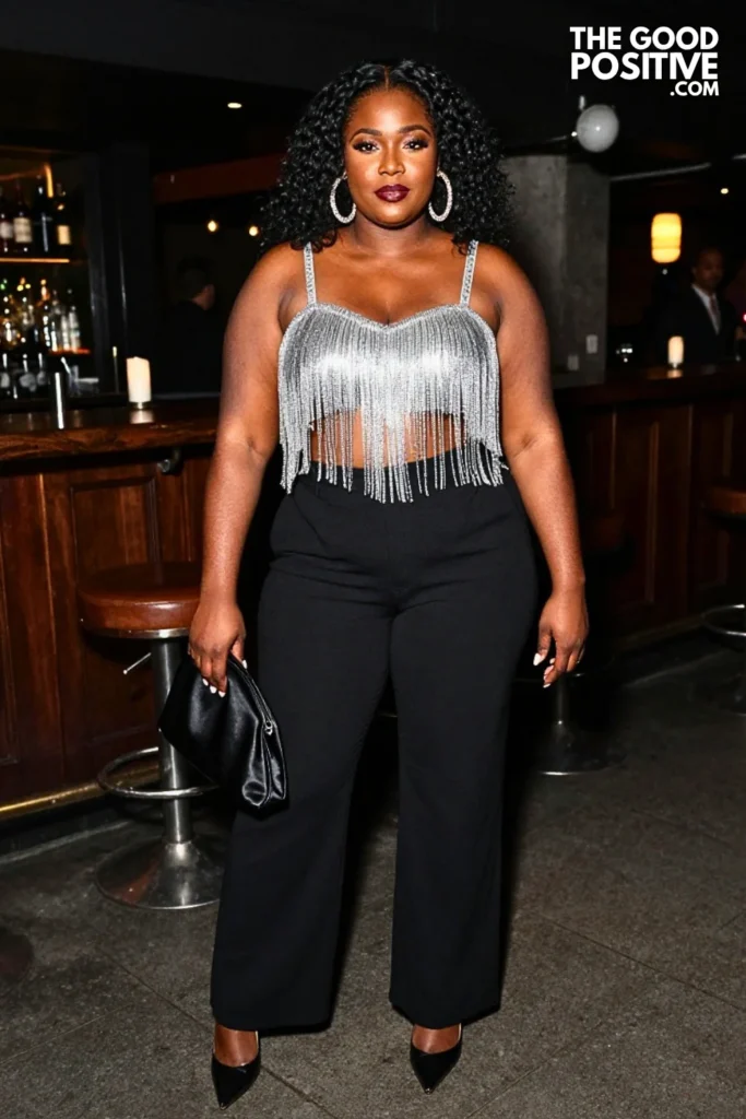 Silver Fringe Top With Wide-Leg Black Pants