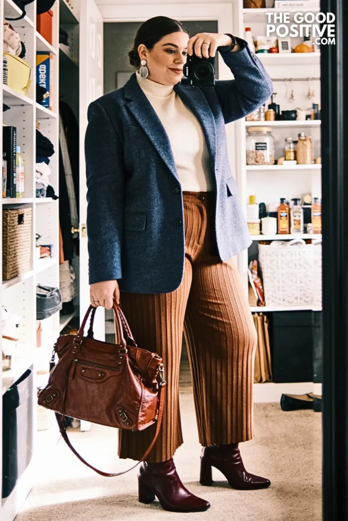 Slate Blue Wool Blazer With Coffee Pintuck Trousers