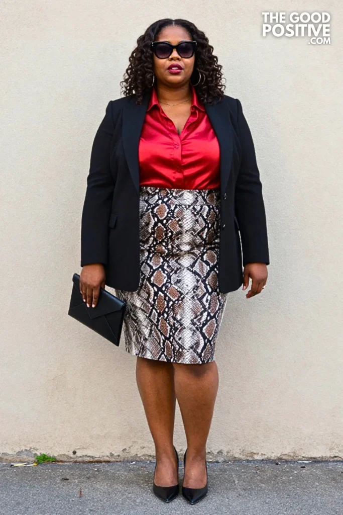 Snakeskin Midi Skirt With Scarlet Blouse