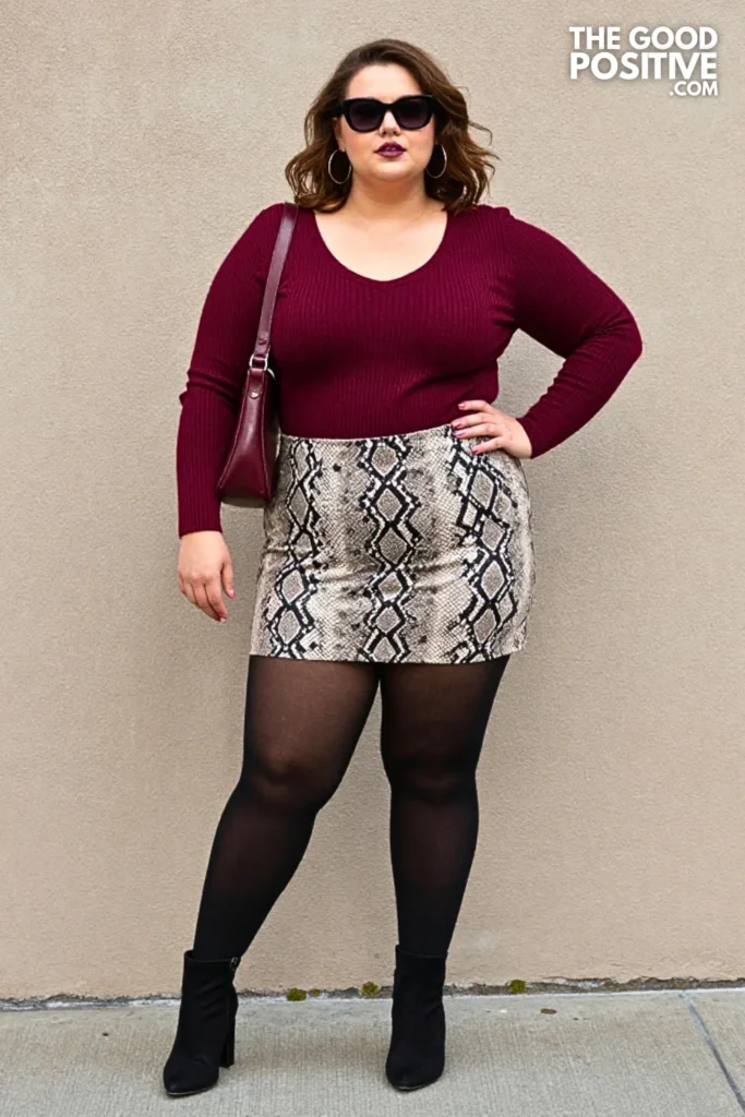Snakeskin Mini Skirt With Burgundy Knit