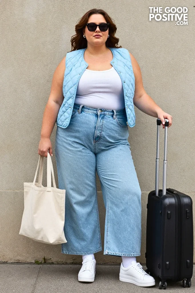 Soft Blue Wide-Leg Jeans and Quilted Vest