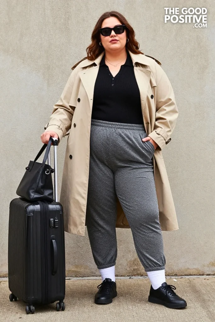 Soft-Gray Trousers, Fitted Polo, and Cropped Trench