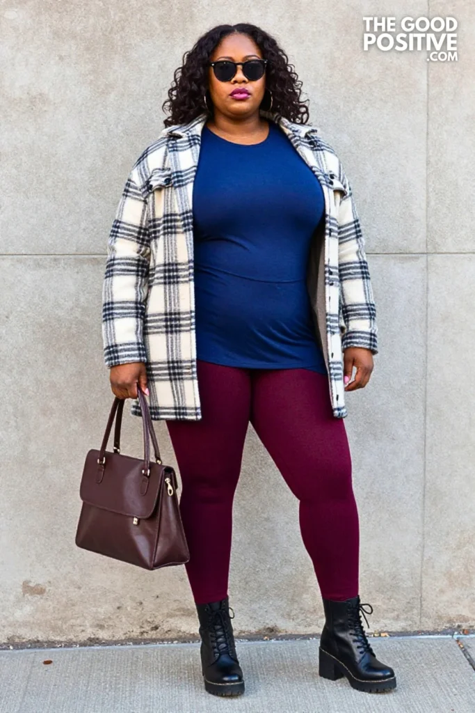 Steel-Blue Tunic, Burgundy Leggings, and Plaid Shacket