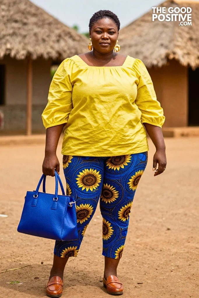 Sunflower Blouse With Indigo Geometric Ankara Trousers
