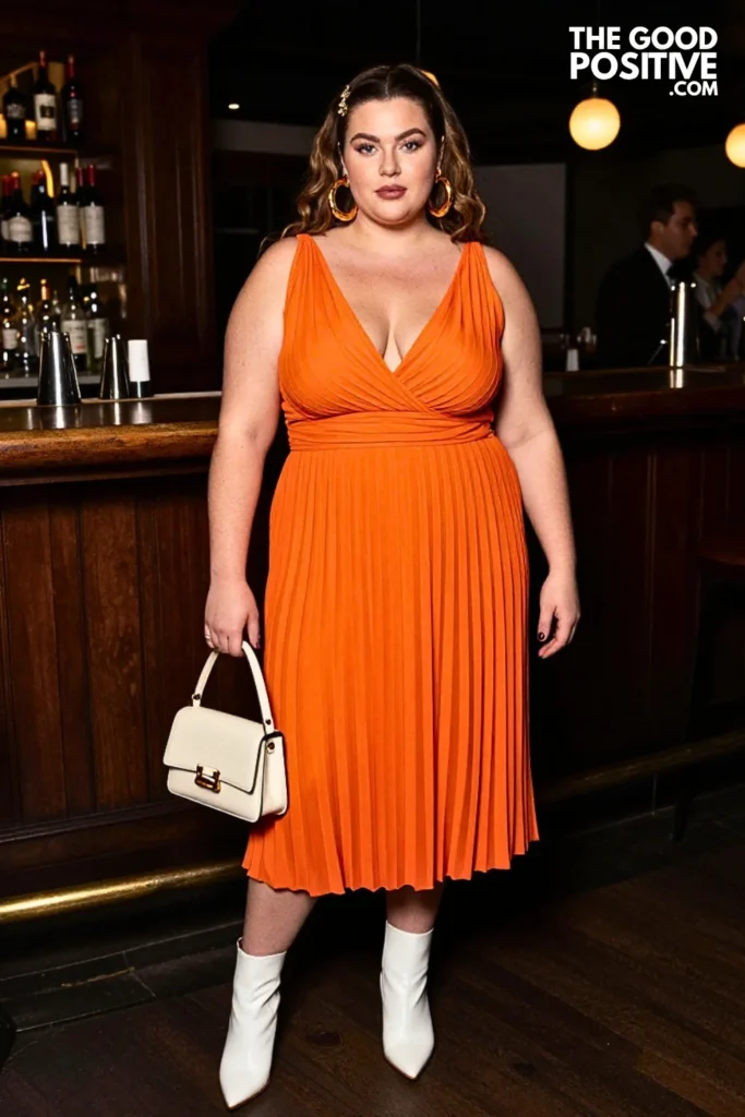 Tangerine Pleated Dress With Statement Boots