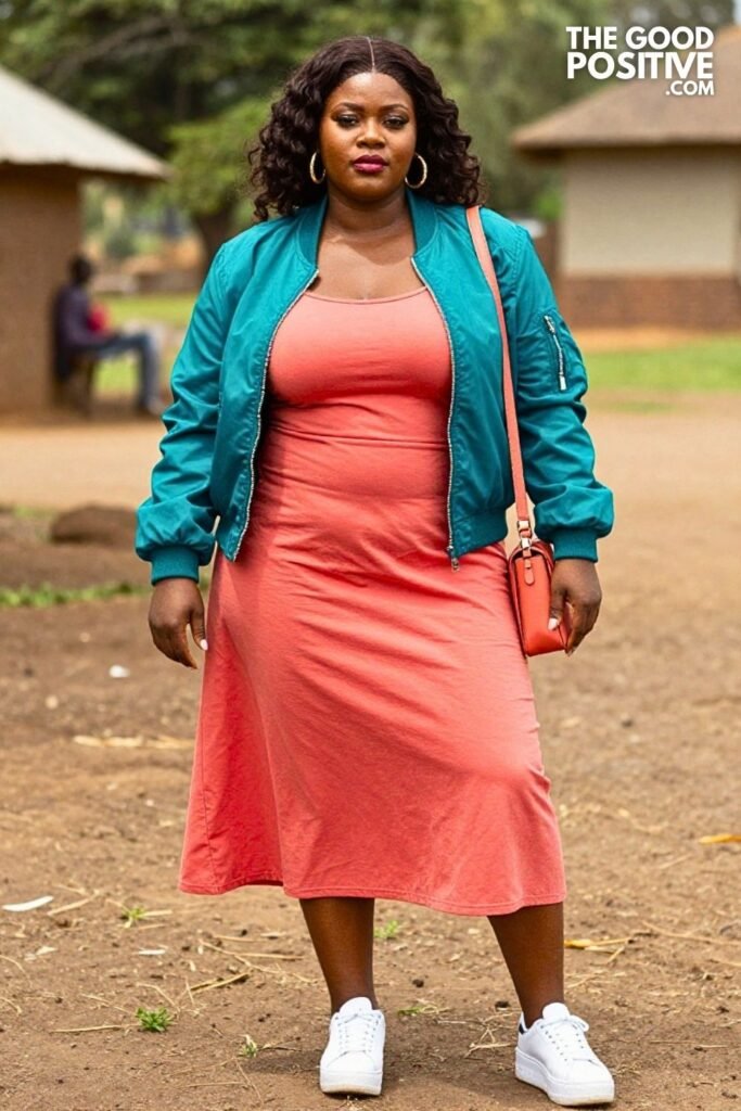 Teal Ankara Bomber Jacket With Coral Midi Dress