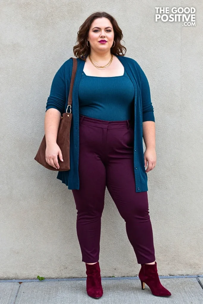 Teal-Navy Cape Cardigan, Caramel Knit, And Plum Trousers