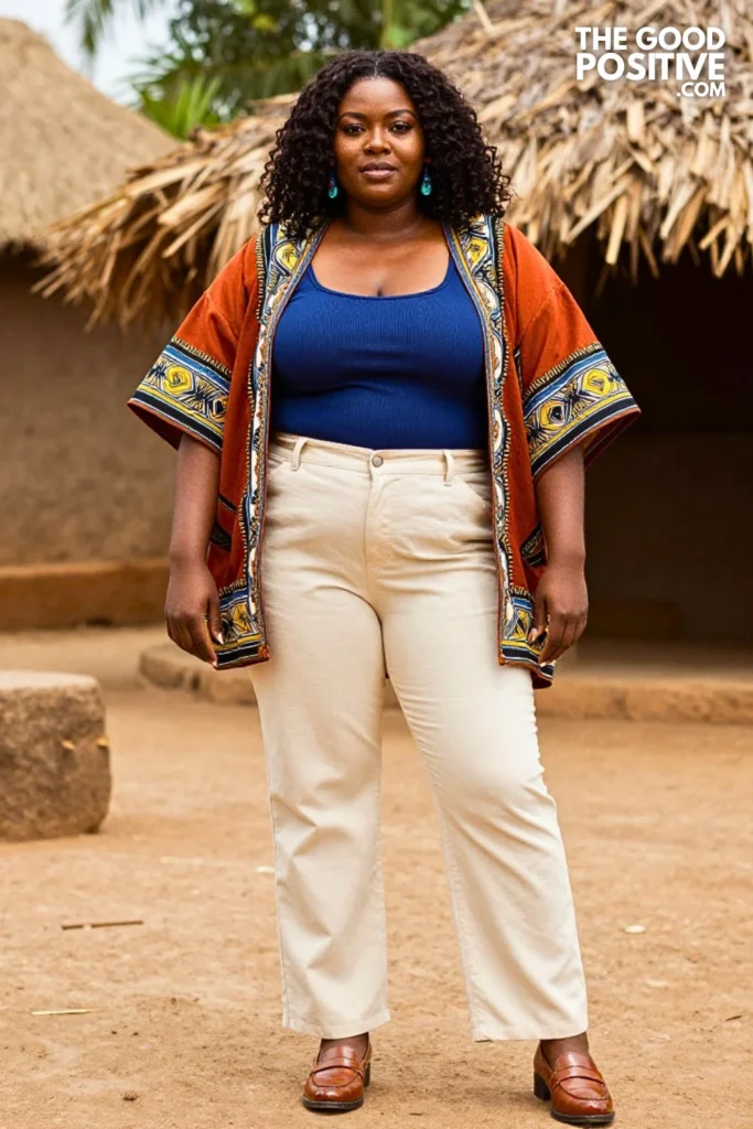 Terracotta Ankara Kimono With Indigo Tank And Cream Trousers