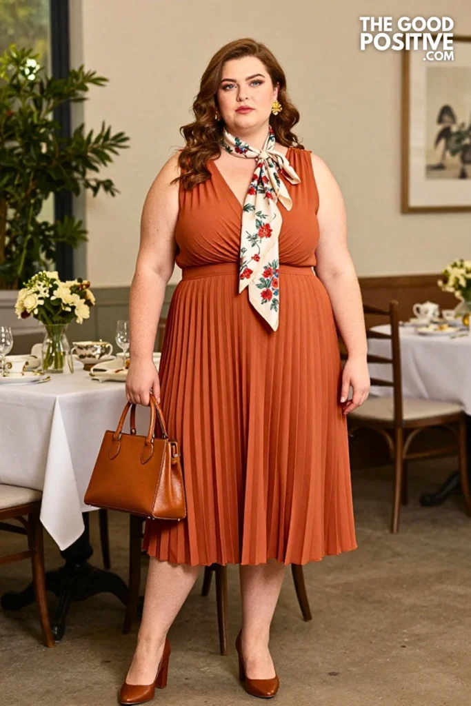 Terracotta Pleated Dress With Floral Scarf