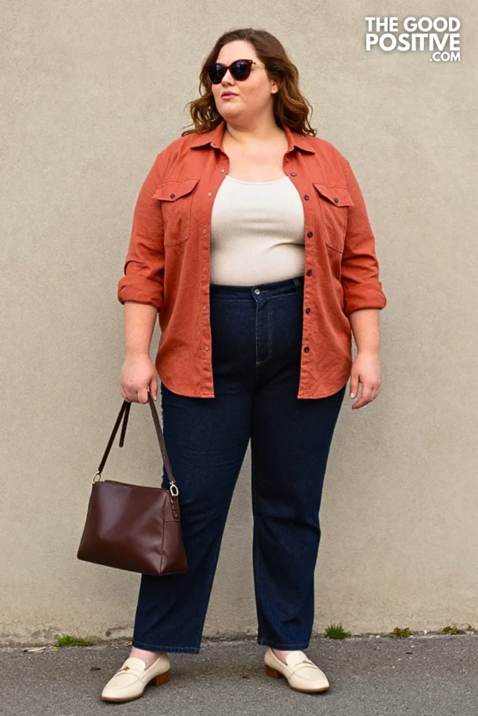 Terracotta Utility Shirt, Indigo Trousers, and Cream Loafers