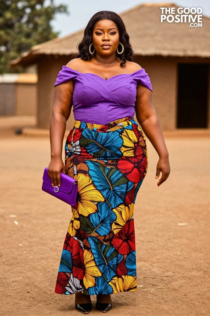 Violet Statement Blouse With Multicolor Ankara Skirt