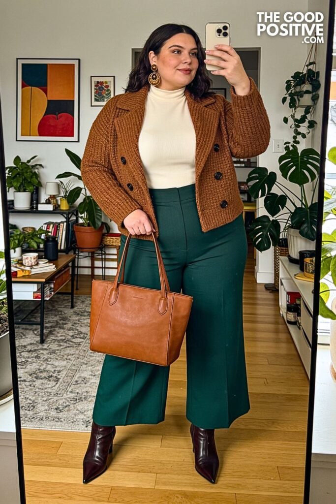 Walnut Double-Breasted Knit Jacket with Forest Palazzo Pants