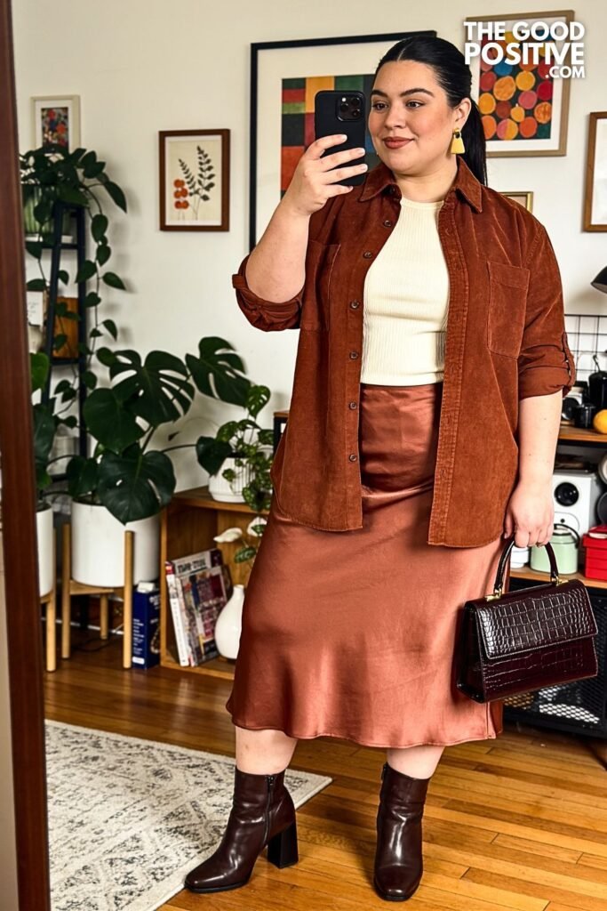 Walnut Suede Overshirt with Copper Satin Midi Skirt